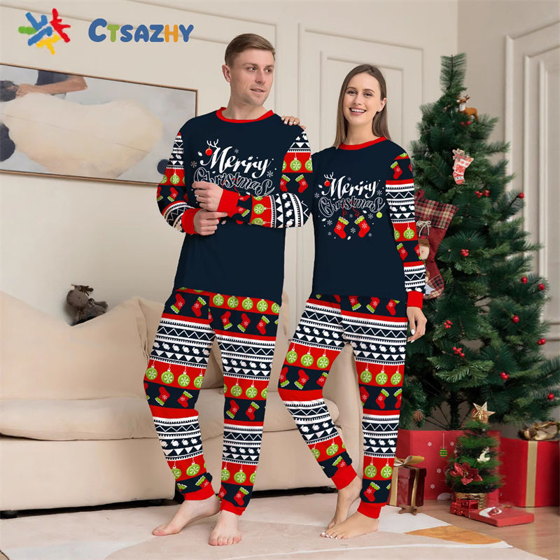 New 2025 Holiday Matching Family Sleepwear Santa Sock Letter Printed Pajamas Homewear Set for Boys Girls Adults Parents Children
