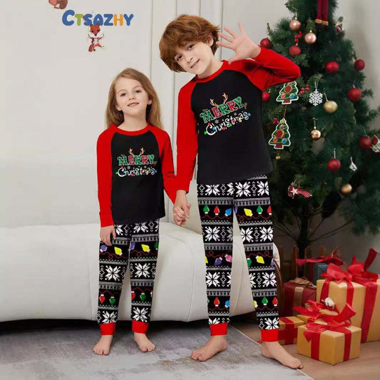 New Christmas Parent-Child Colorful Lights Alphabet Printed Round Neck Long Sleeve Holiday Pajamas Homewear