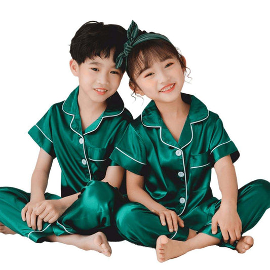 Custom Polyester Satin Pajamas Breathable Summer-Friendly for Parents Kids Matching Family Lounge Wear-Boy Girl Silhouette