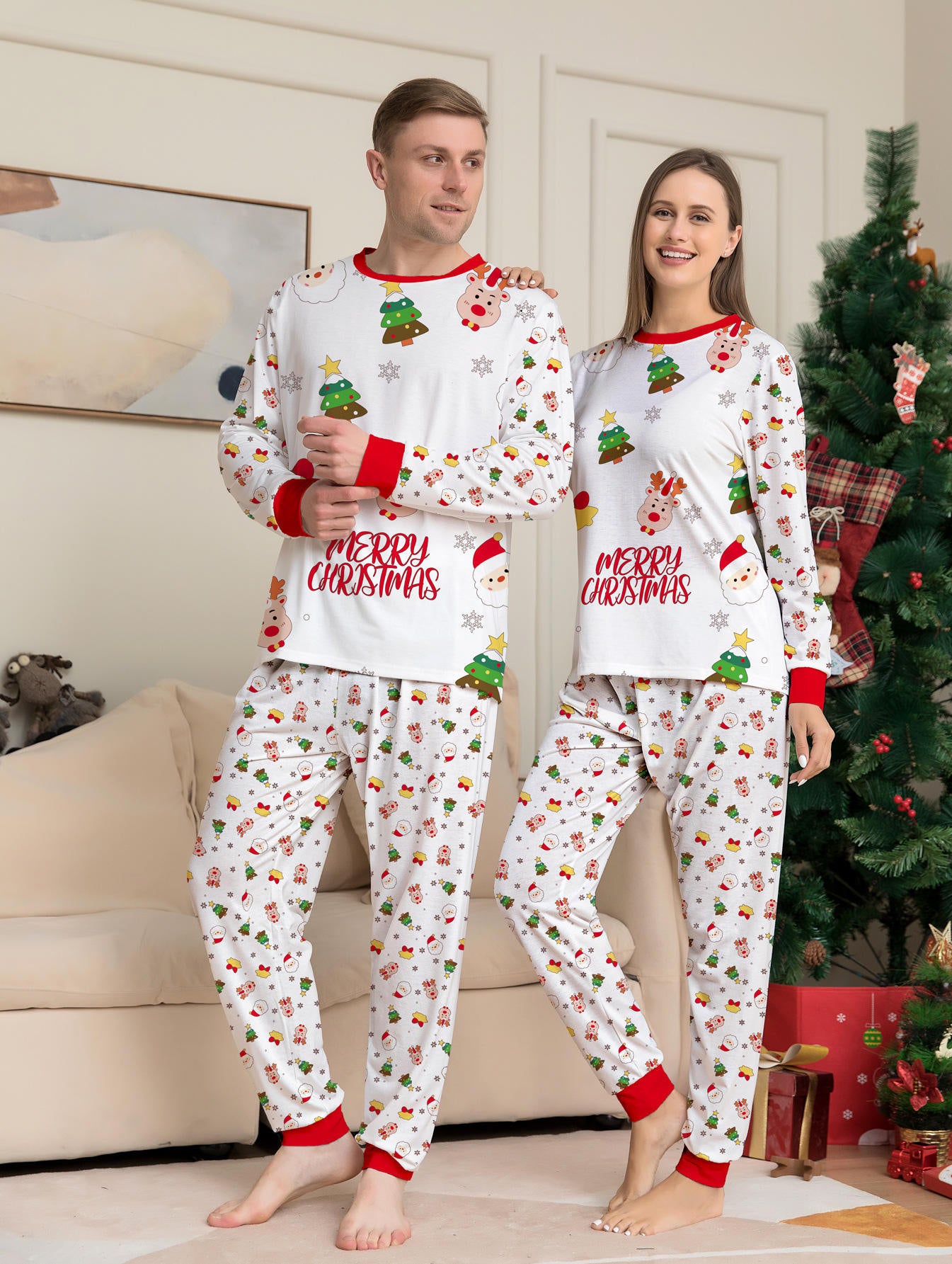 New Polyester Parent-child Home Dress Kid Bady Sleepwear Santa Cartoon Allover Print Family Pet Christmas Pajamas Outfit