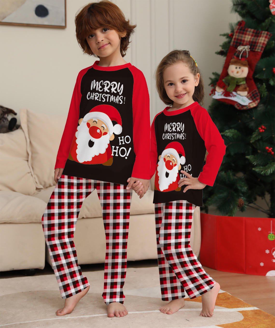 New Santa Claus Printed Thermal Knitted Pajamas Red and Black White Plaid Matching Christmas Parent-Child Family Home Wear