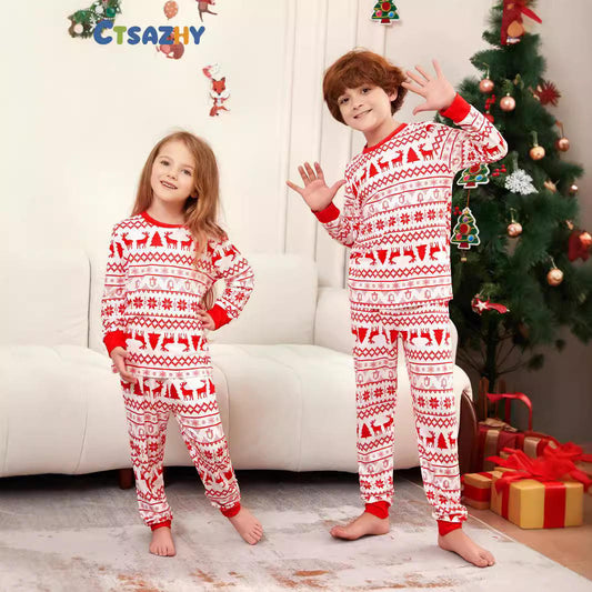 Christmas Family Pajama Matching Sets Breathable Soft Cartoon Snowflake Deer Print Elastic Waist for Parent-Child Outfit