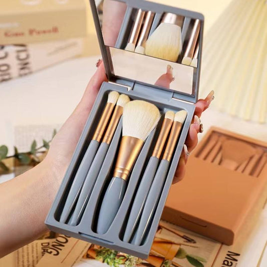 5PCS Travel Makeup Brush Set Soft Synthetic Hair with Mirror