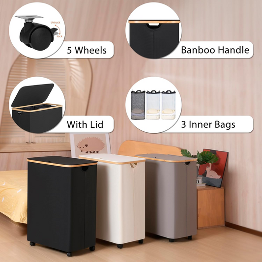 New Dirty Clothes Basket with Wheels Foldable Bamboo Frame Storage Basket Dirty Clothes Basket Large Capacity Design