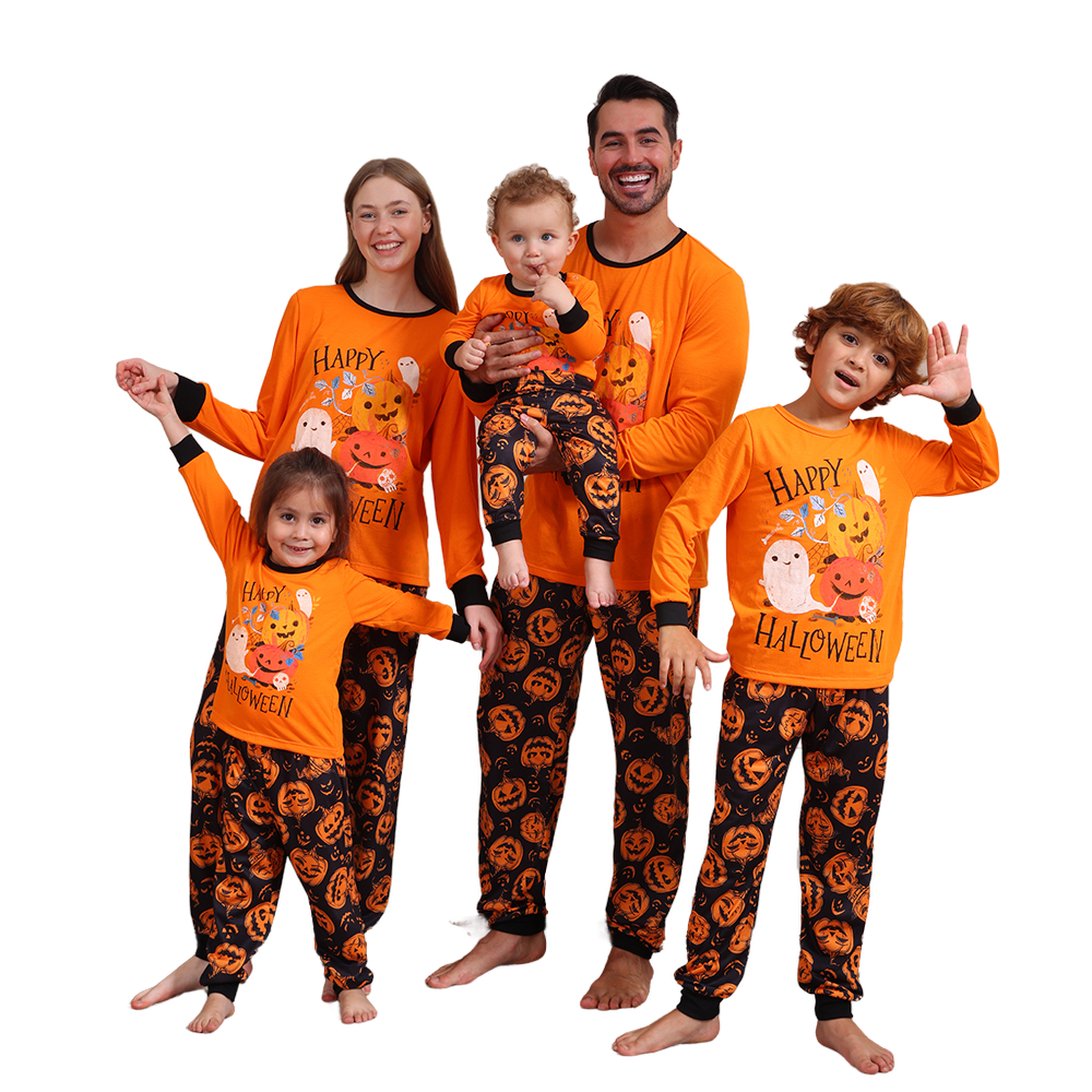 Customized Cotton Stripe Pumpkin Print PJs Sets 2 Pieces Loungewear Adult Kids Halloween Pajamas for Family
