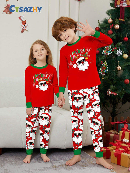 Winter Parent-Child Clothing Long Sleeve Christmas Printing Pajamas Home Wear Cartoon Santa Claus Clothes Set