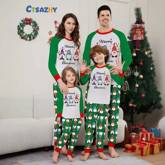 New Christmas Dress Pajamas Long Sleeve Family Parent-child Set Homewear Santa Claus Printed Green Women Digital Printing