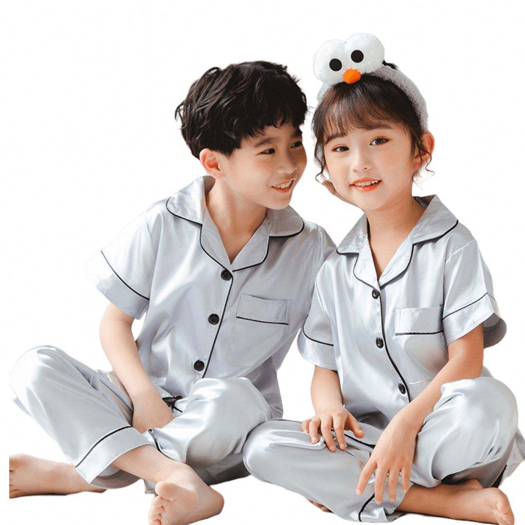 Custom Polyester Satin Pajamas Breathable Summer-Friendly for Parents Kids Matching Family Lounge Wear-Boy Girl Silhouette