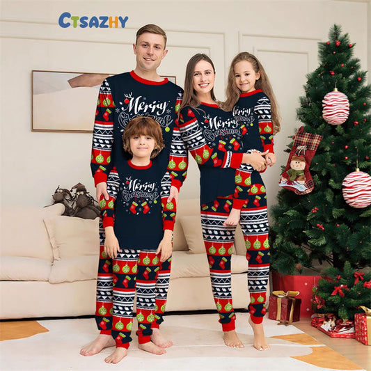New 2025 Holiday Matching Family Sleepwear Santa Sock Letter Printed Pajamas Homewear Set for Boys Girls Adults Parents Children