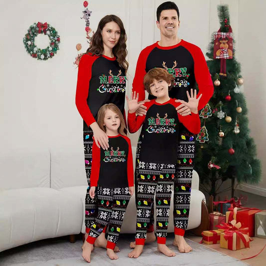 New Christmas Parent-Child Colorful Lights Alphabet Printed Round Neck Long Sleeve Holiday Pajamas Homewear