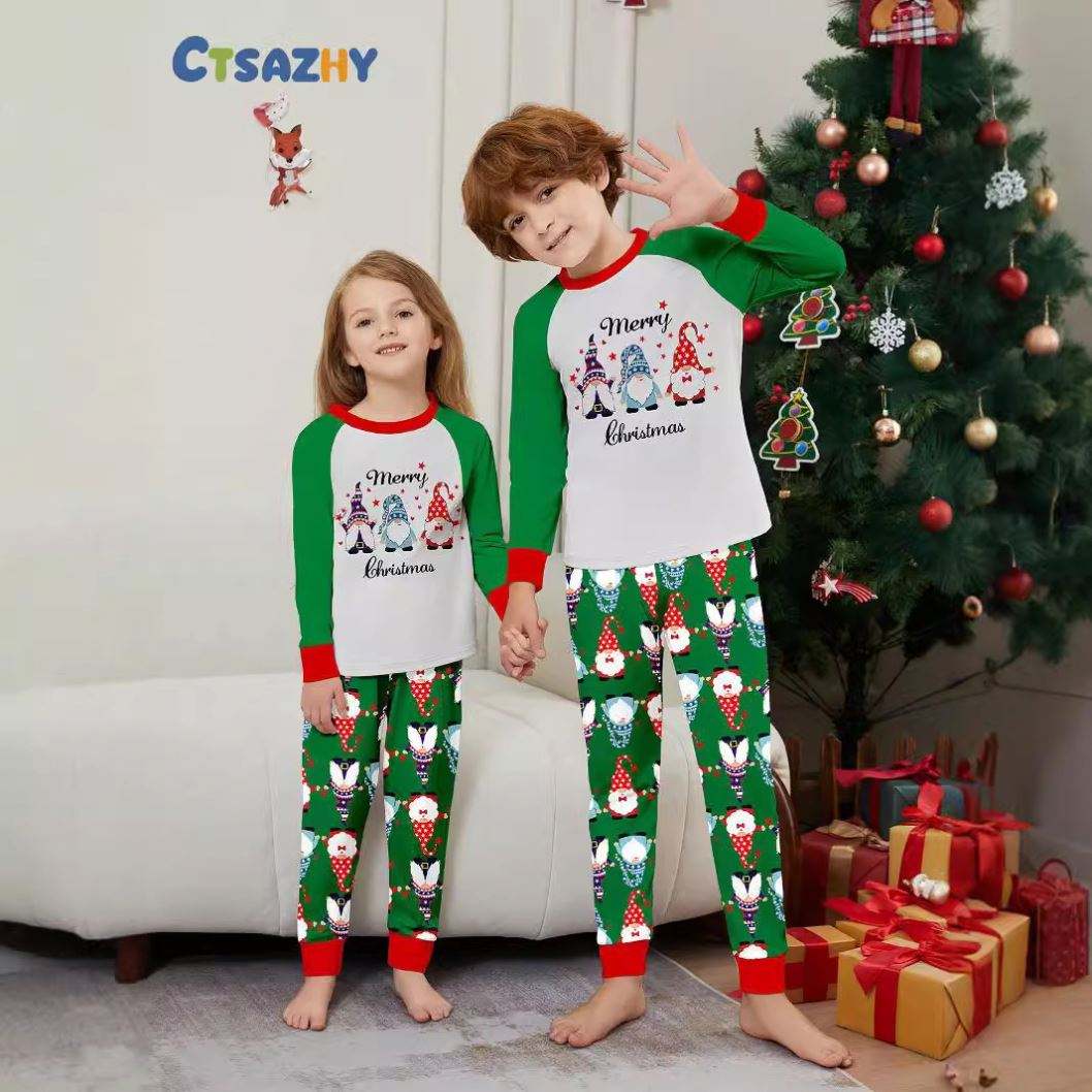 New Christmas Dress Pajamas Long Sleeve Family Parent-child Set Homewear Santa Claus Printed Green Women Digital Printing