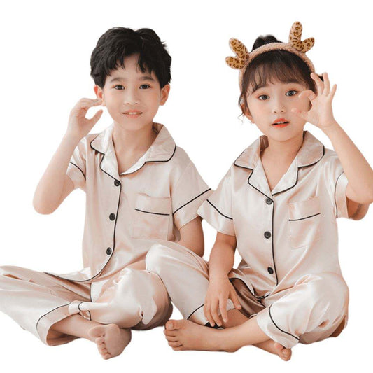 Custom Polyester Satin Pajamas Breathable Summer-Friendly for Parents Kids Matching Family Lounge Wear-Boy Girl Silhouette