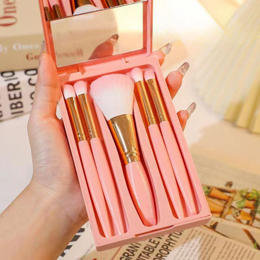 5PCS Travel Makeup Brush Set Soft Synthetic Hair with Mirror