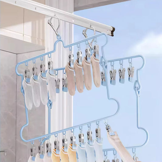 Windproof Clothes Drying Rack Stainless Steel Metal Hanger Sock 18 Clips for Space Saving PVC Coated Hanger