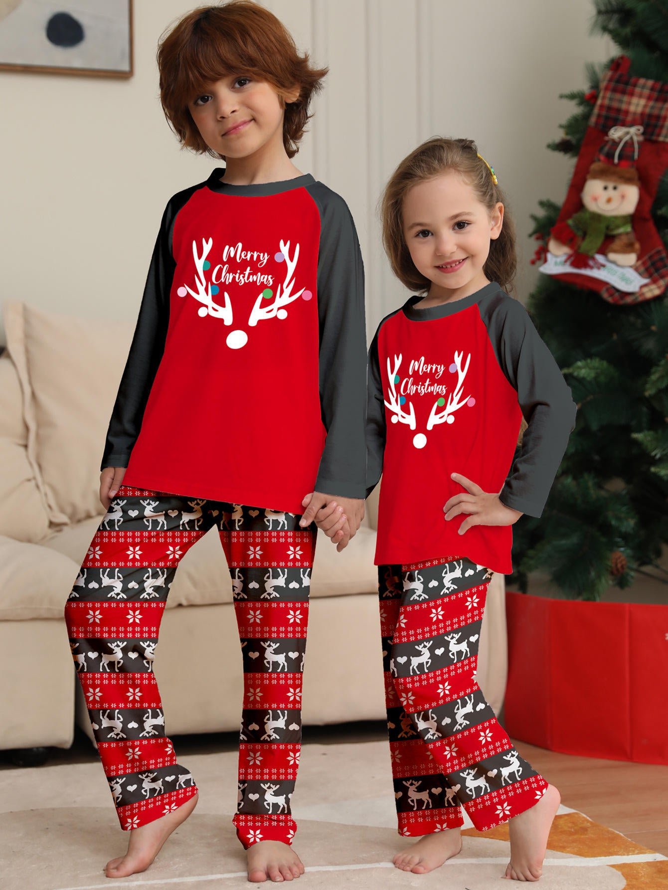 PASUXI Printed Round Neck Spell Plaid Parent-Child Clothing Christmas Family Suit Night Pijama Nightwear Home Pajamas Women Set