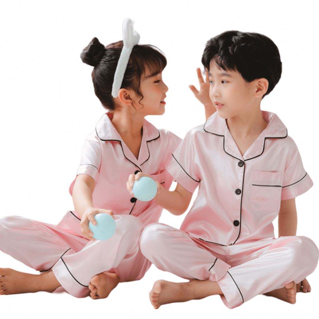 Custom Polyester Satin Pajamas Breathable Summer-Friendly for Parents Kids Matching Family Lounge Wear-Boy Girl Silhouette