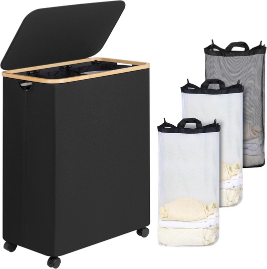 New Dirty Clothes Basket with Wheels Foldable Bamboo Frame Storage Basket Dirty Clothes Basket Large Capacity Design